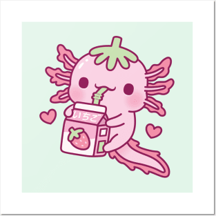 Cute Axolotl Loves Drinking Strawberry Milk Posters and Art